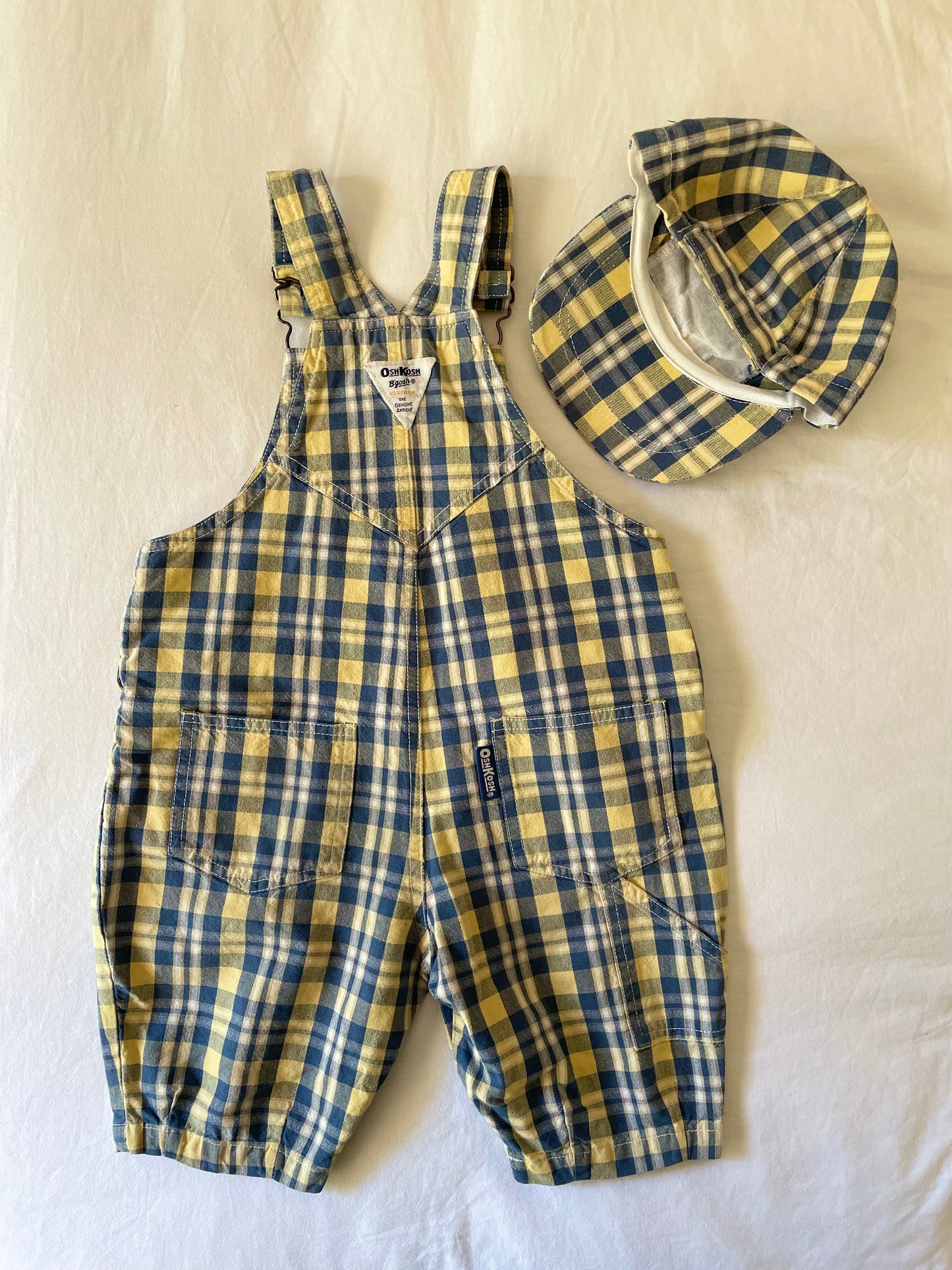 Vintage OshKosh Plaid Shortalls & Hat Set