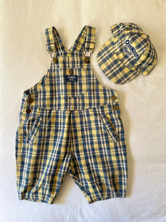 Vintage OshKosh Plaid Shortalls & Hat Set